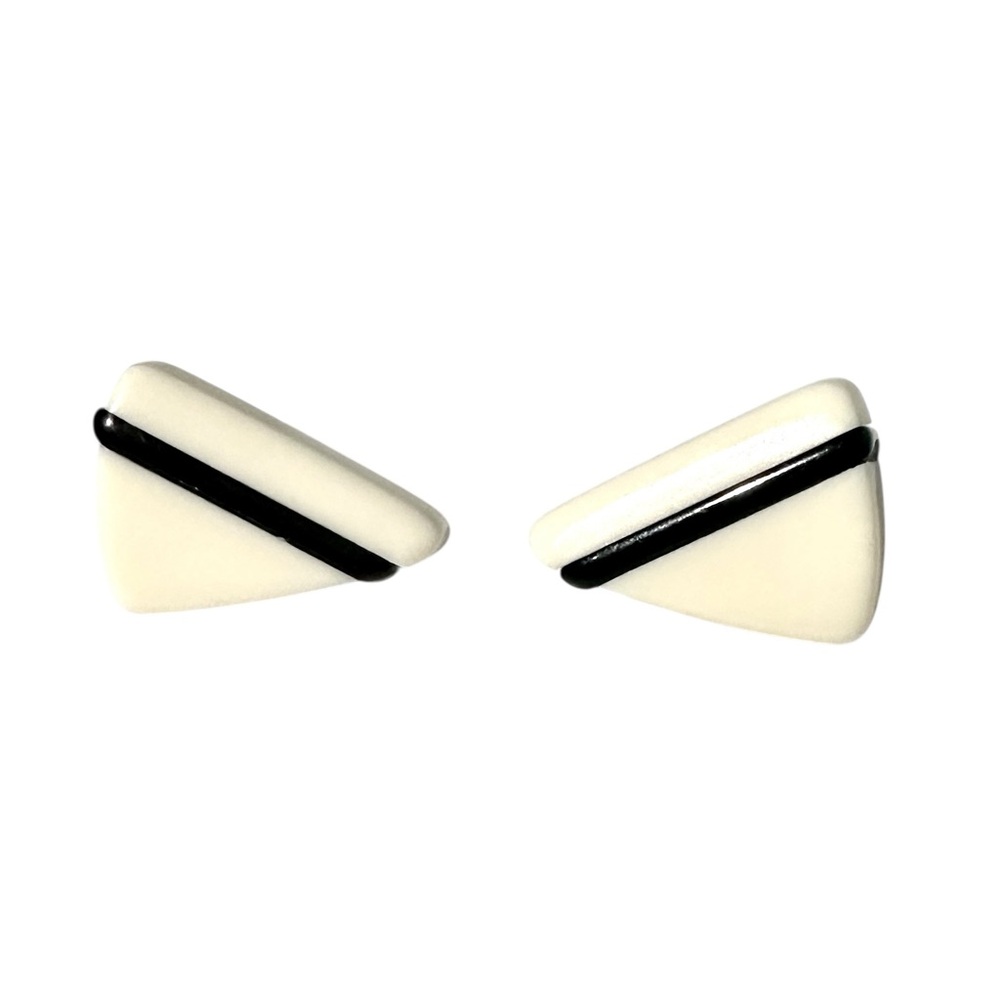 Vintage Avon Geometric Ivory Black Triangular Lucite Color Waves Pierced Earring